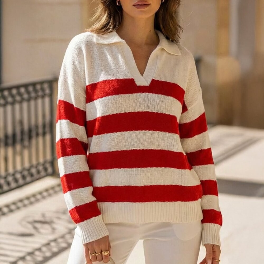 Lyra & Co White Red Striped Collared Sweater Size S
